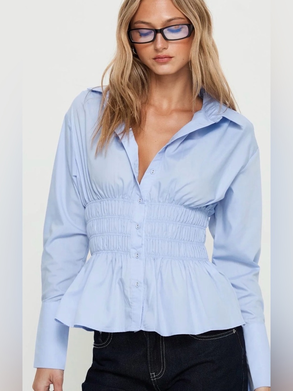 Princess Polly As You Are Shirred Light Blue Button-Front Blouse